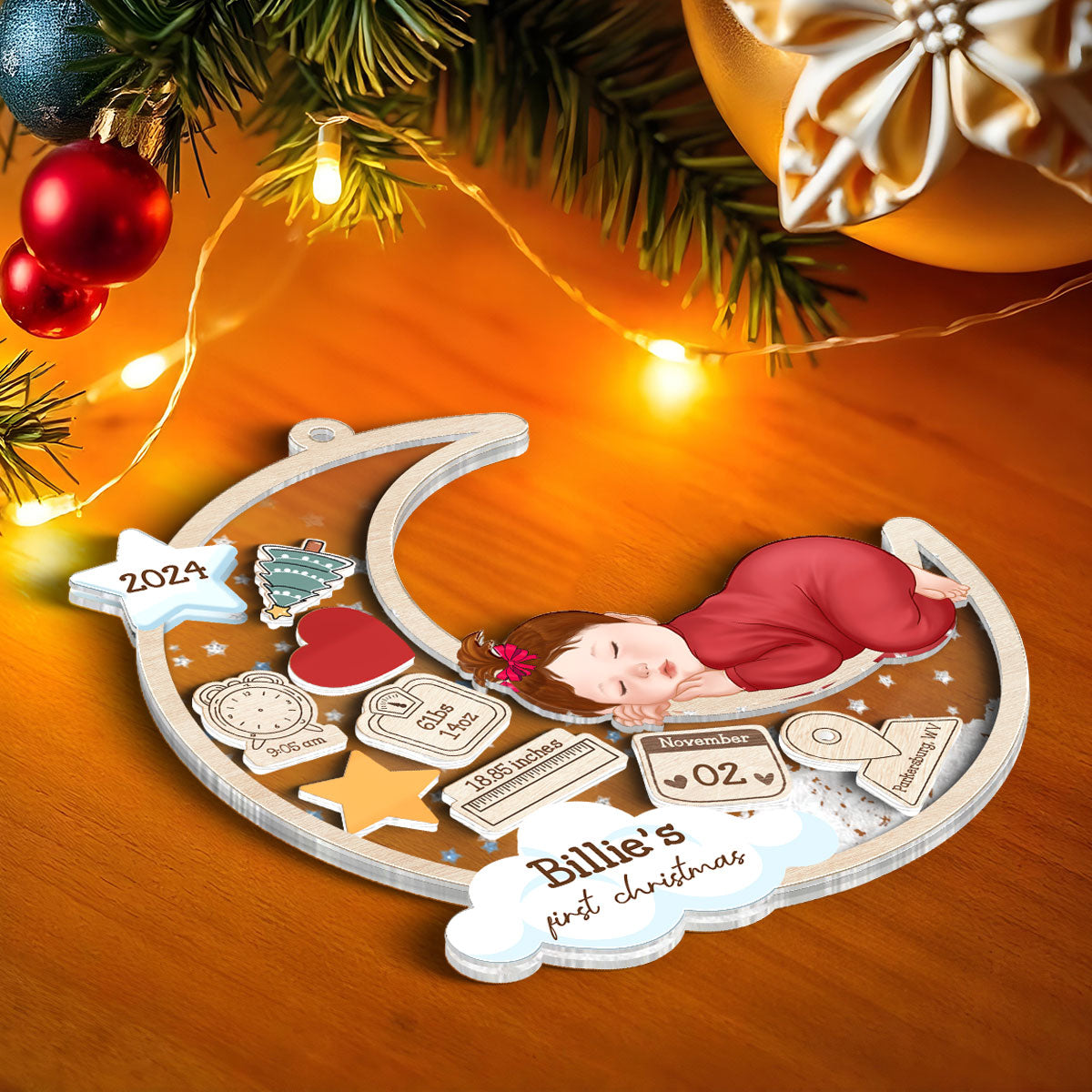 Baby Sleeping On Moon First Christmas Personalized 4D Shaker Ornament, Custom Newborn Gift