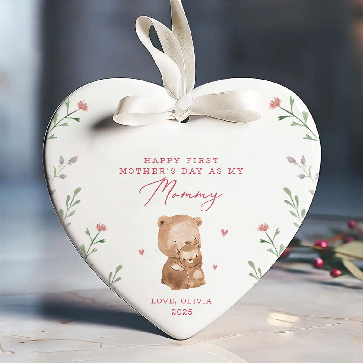 Cute Animals Personalized Heart Ceramic Ornament, Heartfelt First Gift for Mom, Gift for Grandma