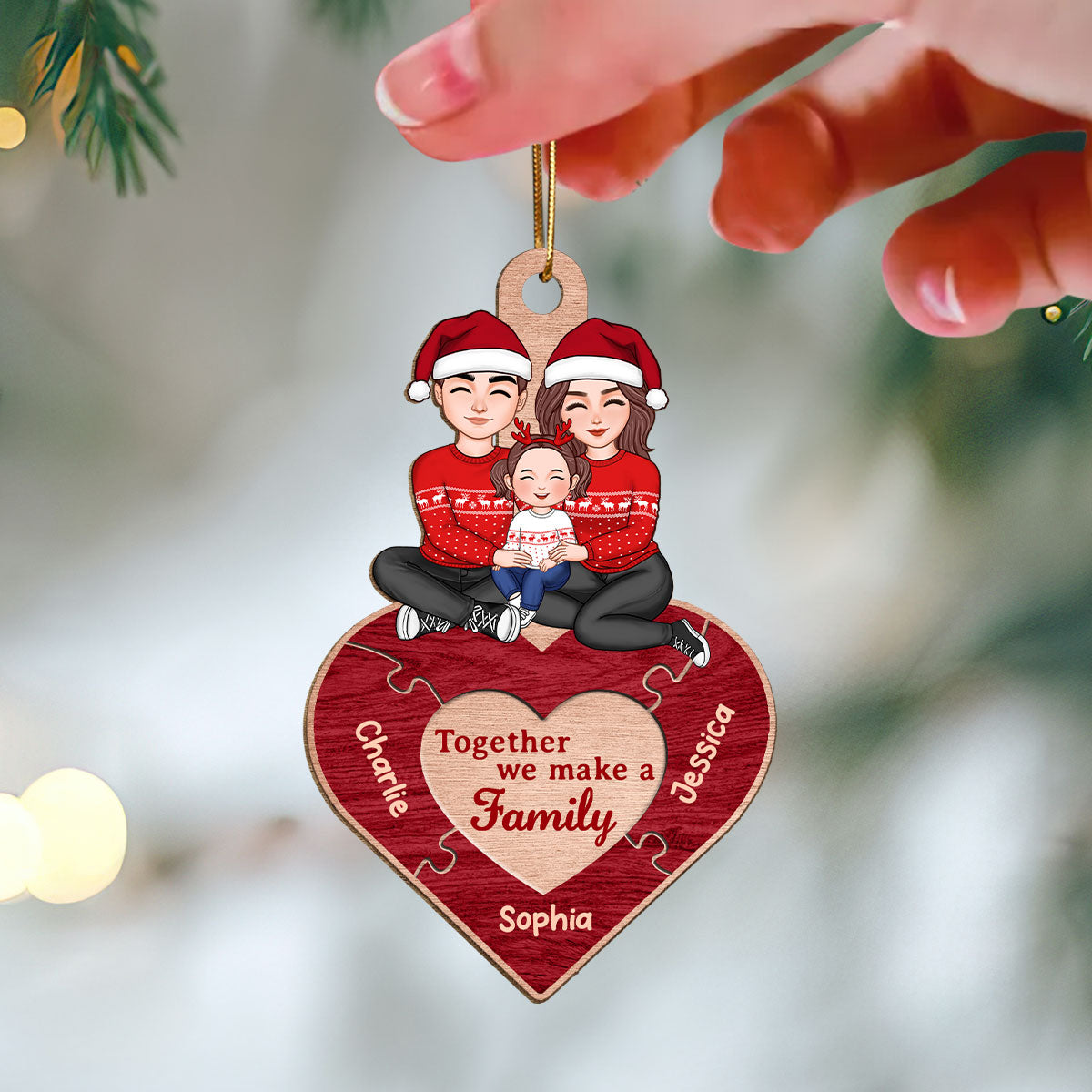Together We Make A Family Red Heart Puzzle Personalized Wooden Ornament