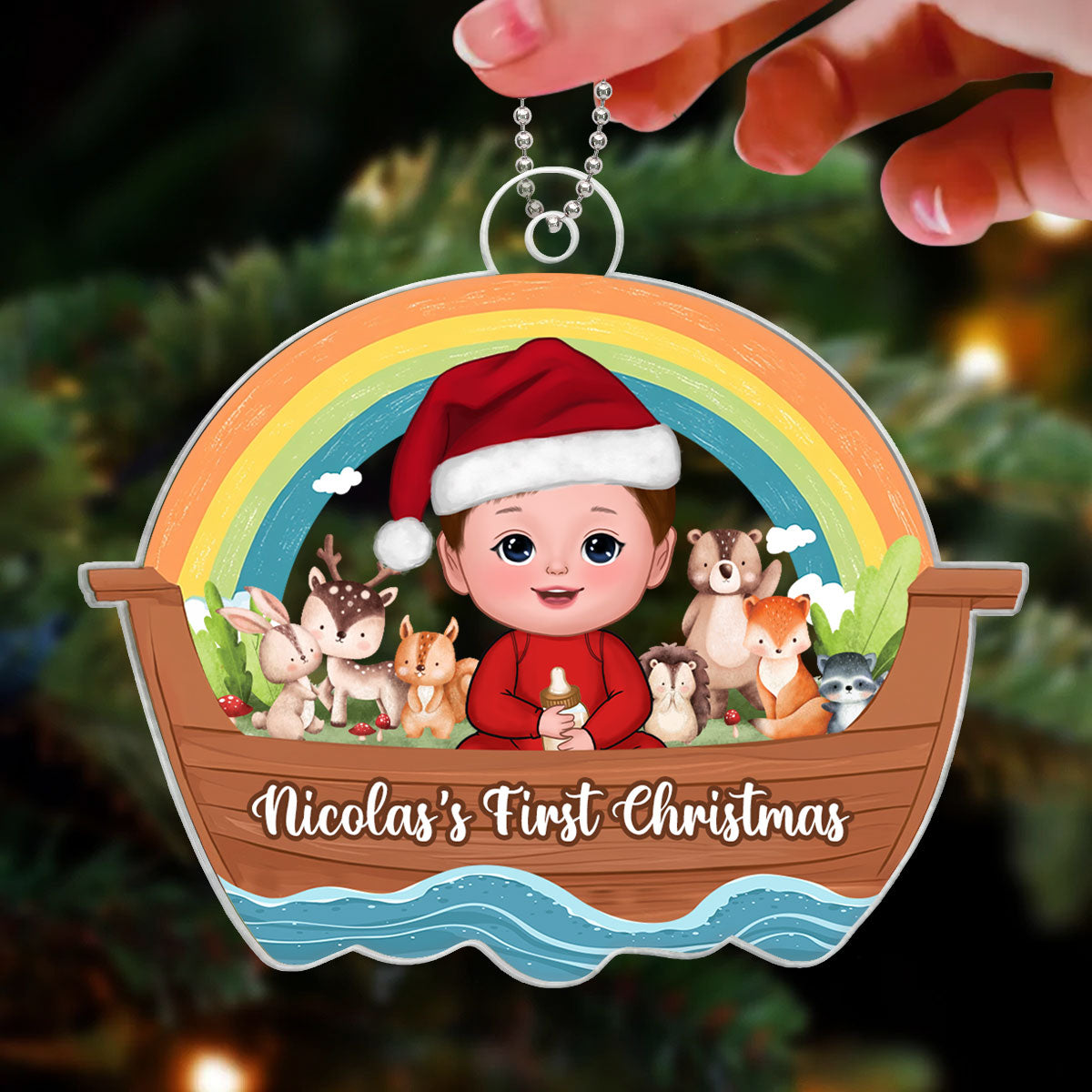 Woodland Animals On Ark Baby's First Christmas Personalized Acrylic Ornament