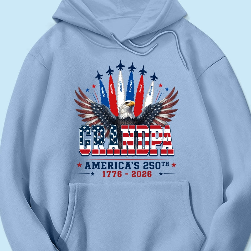 Proud Grandpa Dad Bald Eagle Jets Smoke Custom Kid Name - Personalized Shirt - American 250th Anniversary Keepsake For Husband, Dad, Grandpa