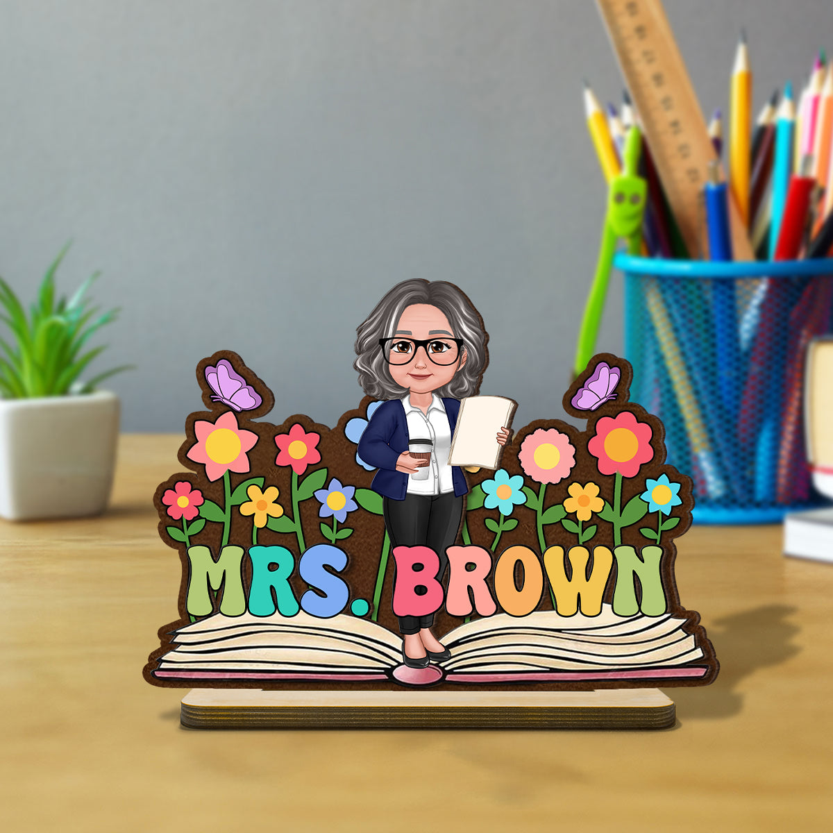 Teacher Flowers Book Personalized Standing Wooden Plaque, Back To School Gift for Teachers
