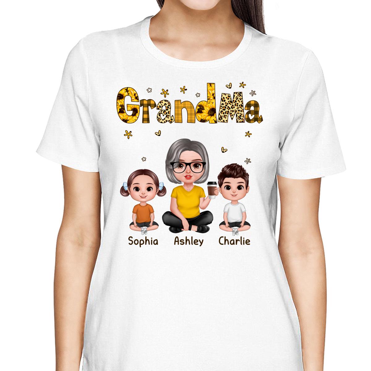 Realistic Grandma Grandkids Yellow Pattern Personalized Shirt