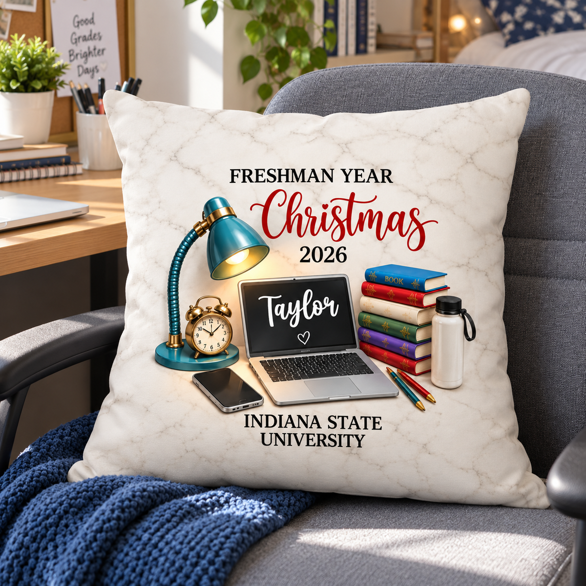 Freshman Year Christmas Study Desk – Personalized Pillow – College Student Christmas Gift, First Year Keepsake