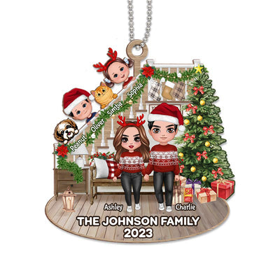 Family Sitting Chin On Hands Stairs Christmas Personalized Wooden Ornament