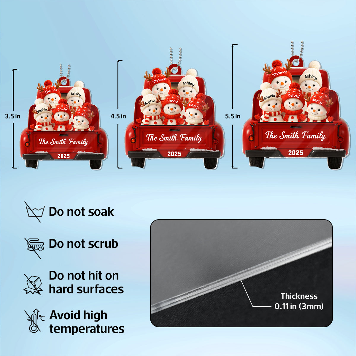 Family Snowman on Christmas Truck Personalized Acrylic Ornament, Red Truck Christmas Gift for Family