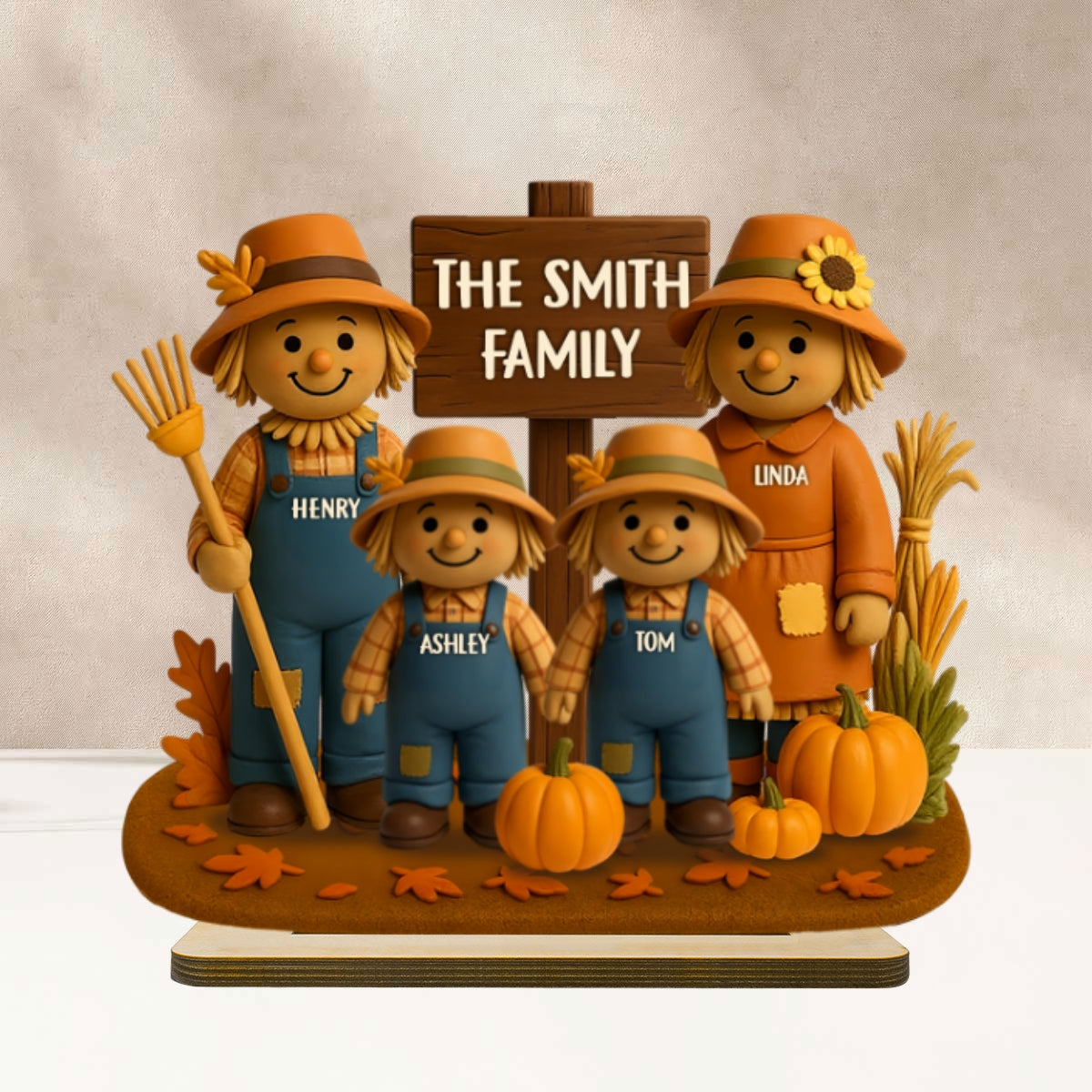 Fall Season Scarecrow Family 3D Effect Personalized 2-Layer Wooden Plaque