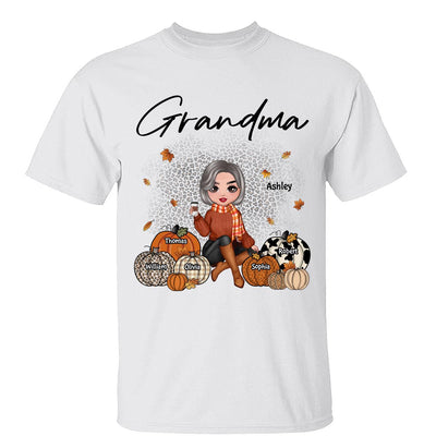 Fall Season Doll Grandma Sitting With Patterned Pumpkins Kids Names Personalized Shirt