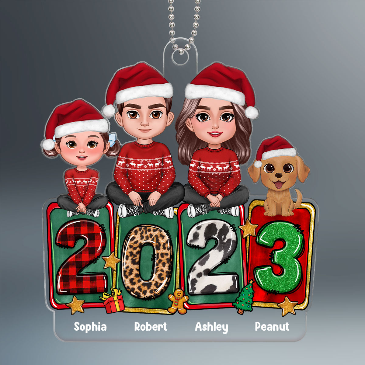 Family Dad Mom Kids Dogs Cats Crossed Legs Sitting On 2023 Blocks Personalized Acrylic Ornament