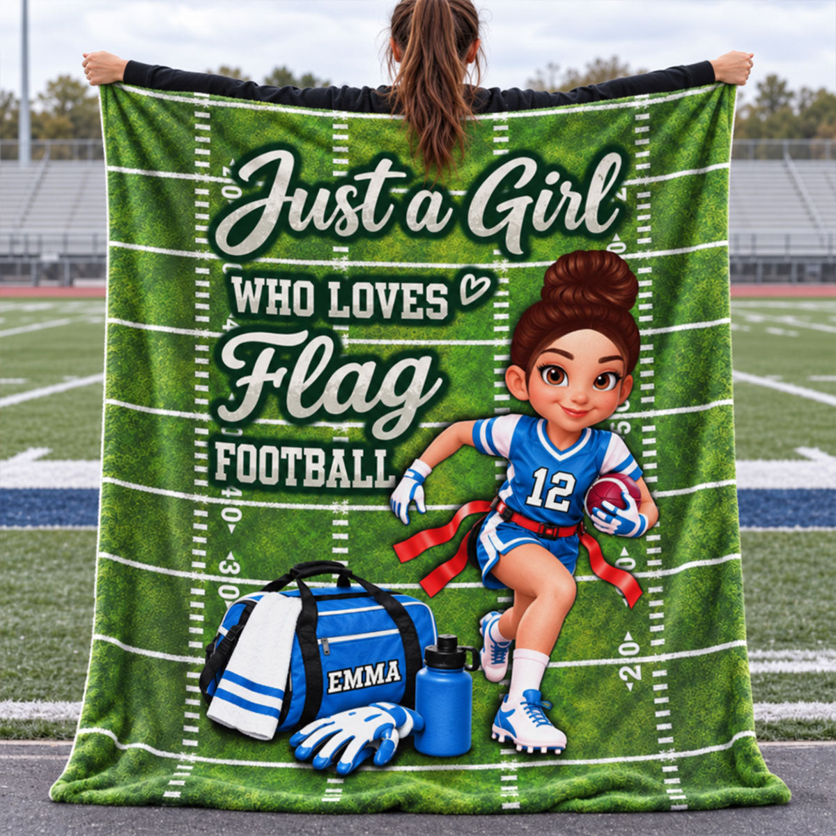 Just a Girl Who Loves Flag Football - Personalized Fleece Blanket - Christmas Gift for Daughter, Granddaughter, Niece