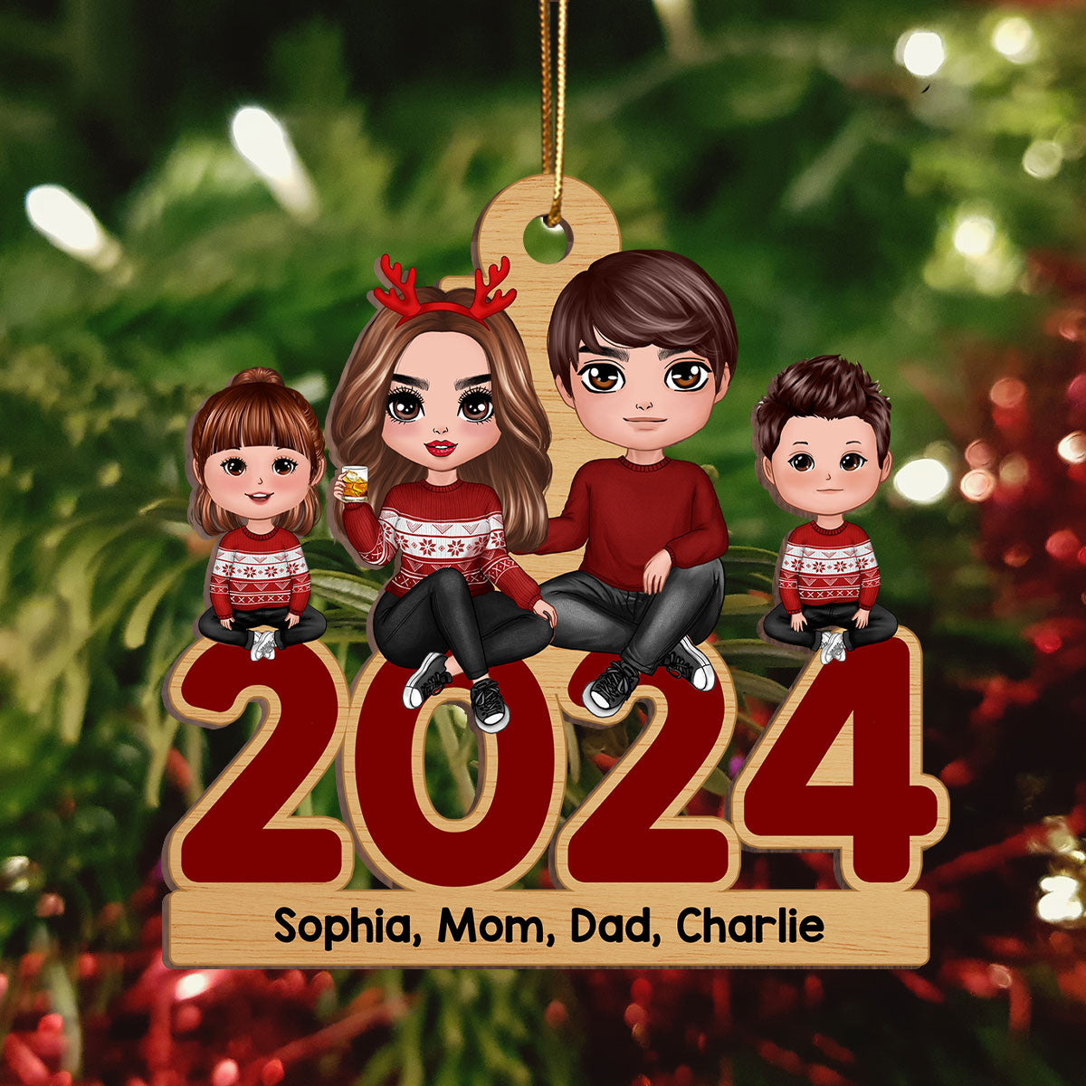 Family Sitting 2024 Christmas Personalized Wooden Ornament, Christmas Gift For Family
