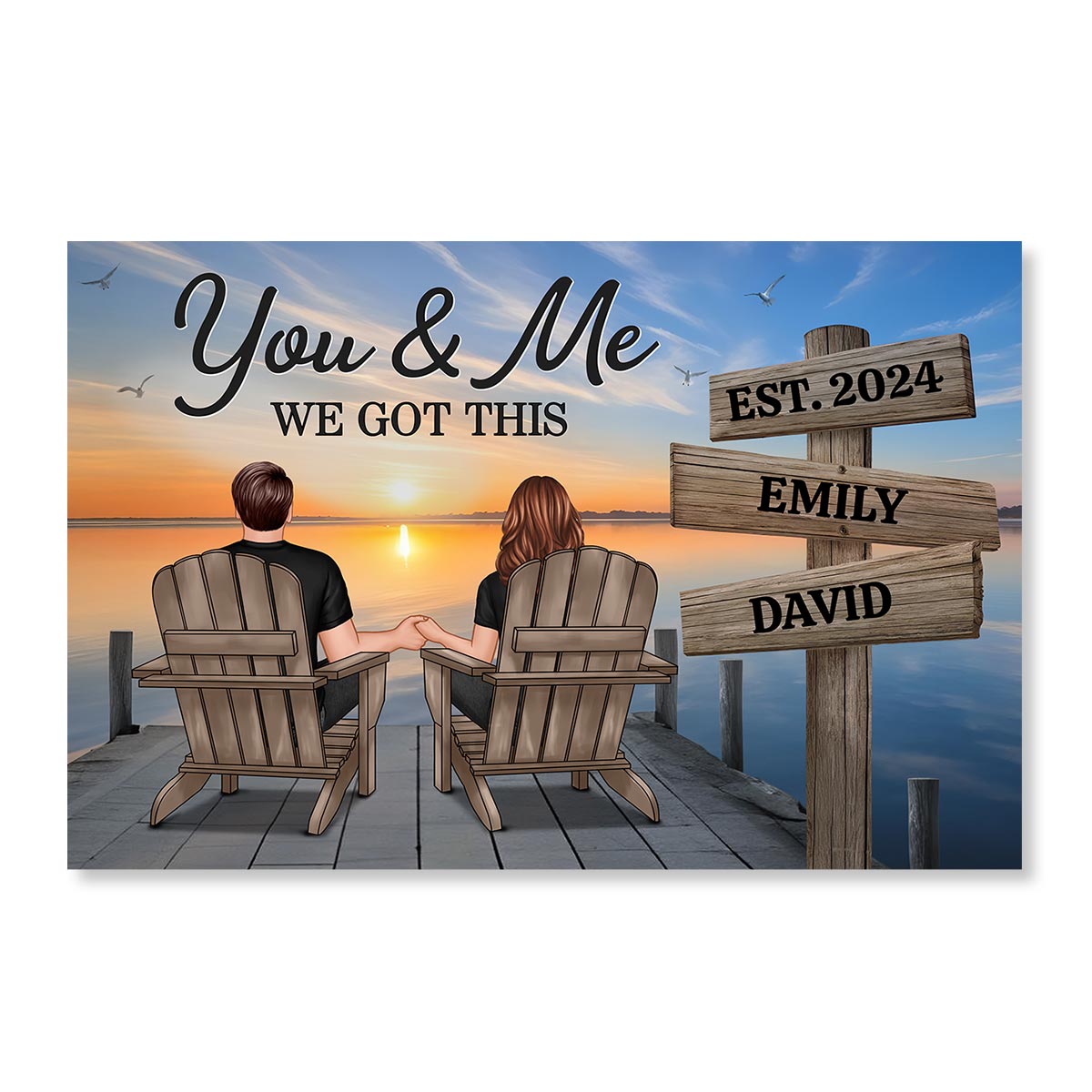 Lake Dock Couple Sitting Holding Hands Sign Posts Personalized Poster, Home Decoration, Gift For Her, For Him