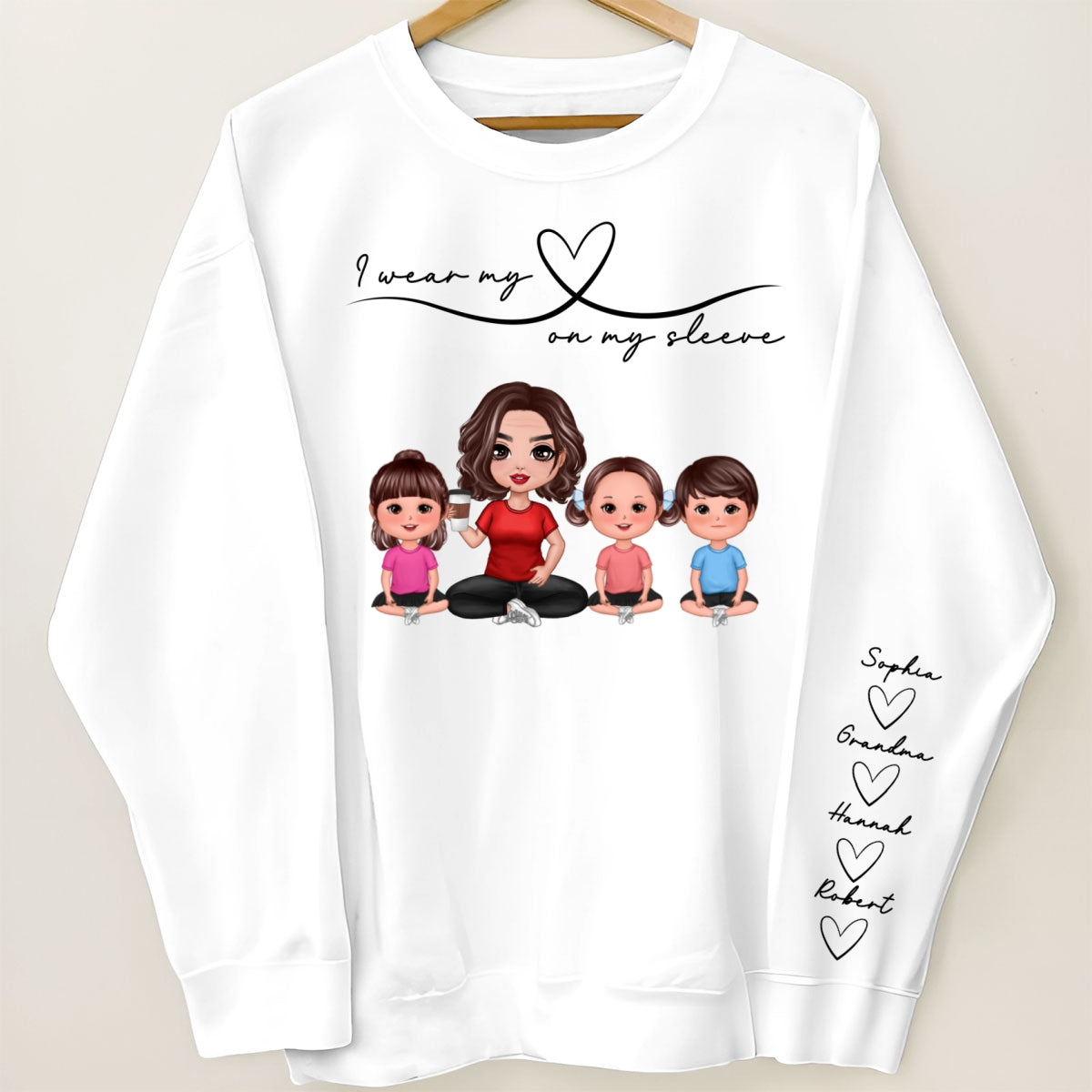 Grandma Mom Wear Her Heart On Her Sleeve, Beautiful Heart Design, Personalized Sleeve Printed Sweatshirt, Gift For Grandma
