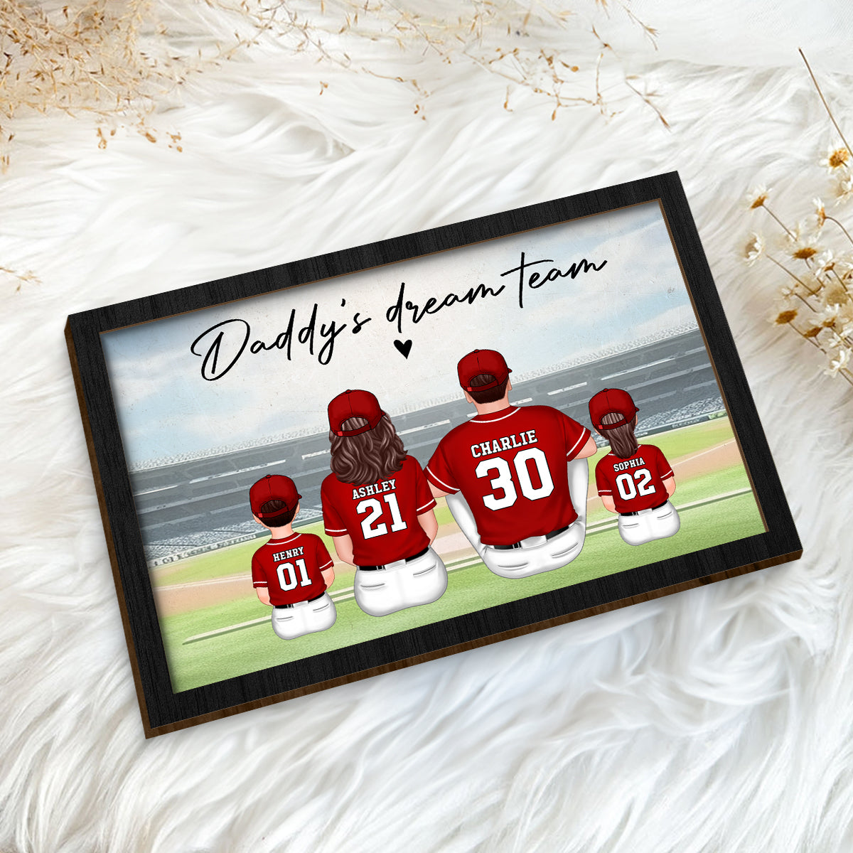 Daddy's Team Baseball Family Sitting Personalized 2-Layer Wooden Plaque, Father's Day Gift For Dad, Grandpa, Husband