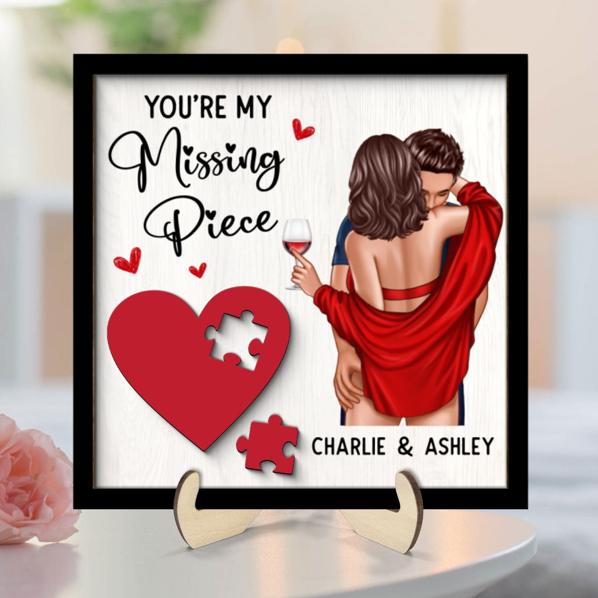 Couple Kissing On Shoulder Missing Piece Red Heart Personalized 2-Layer Wooden Plaque, Valentine‘s Day Gift For Him, For Her
