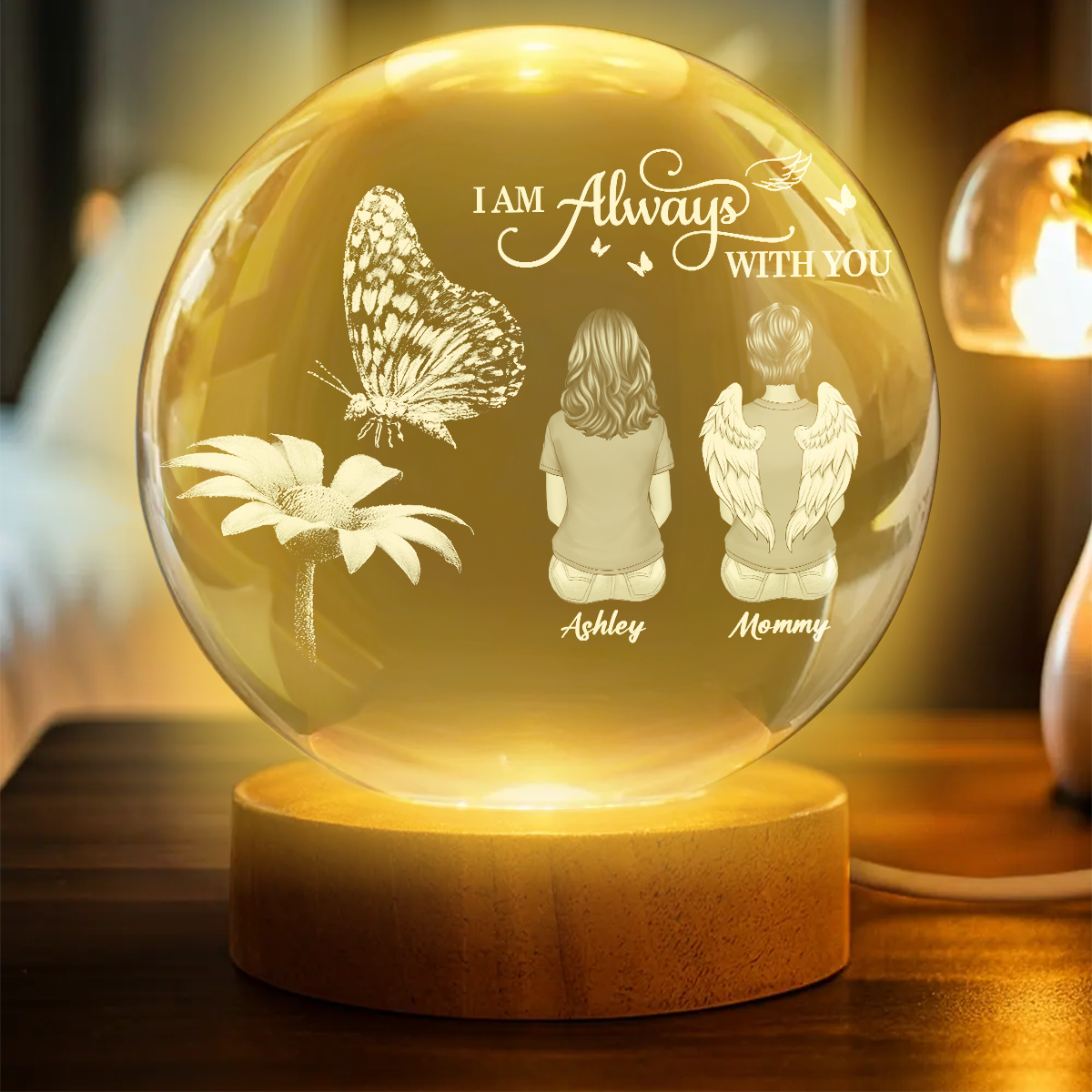 Always With You Family Back View Butterfly On Daisy - Personalized Crystal Ball LED Night Light - Memorial Remembrance Keepsake