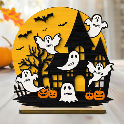 Haunted House Family Boo Personalized 2-Layer Standing Wooden Plaque, Halloween Decoration