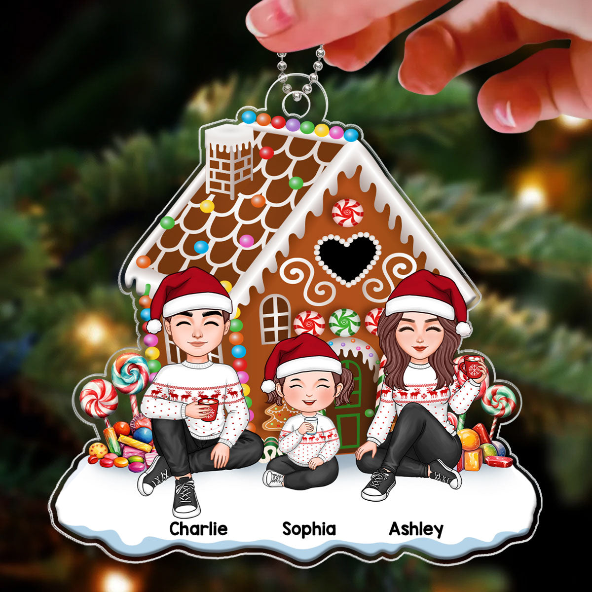 Cute Family Dad Mom Kids Dogs Cats Sitting Christmas Gingerbread House Personalized Acrylic Ornament