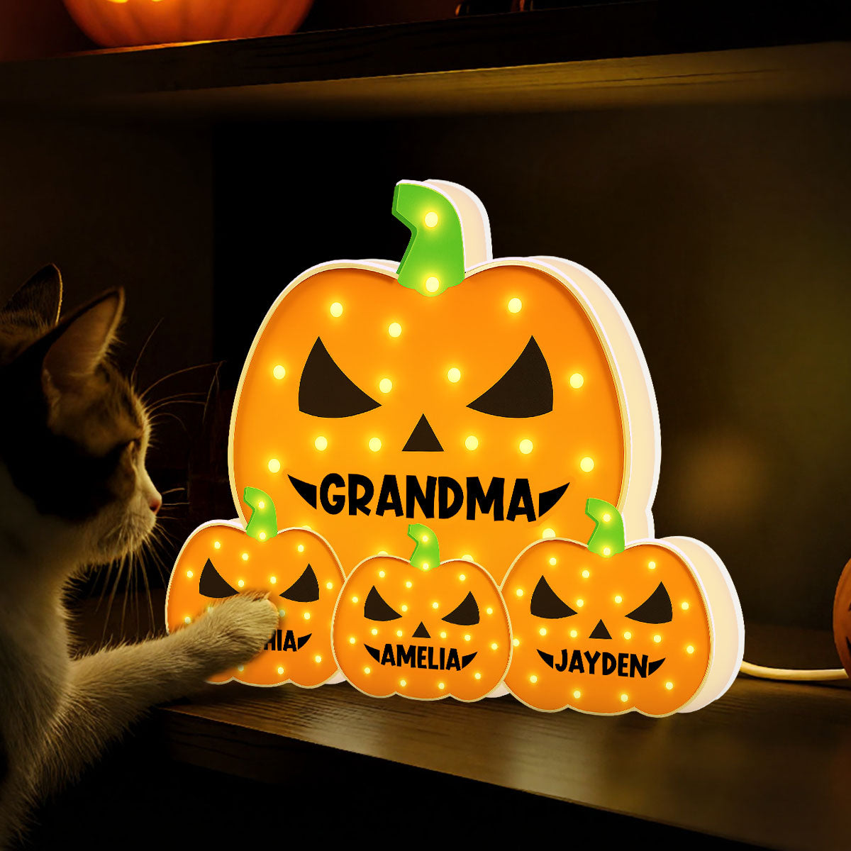 3D Effect Marquee Pattern Halloween Grandma And Grandkids Pumpkins - Personalized Light Box - Gift For Grandmas