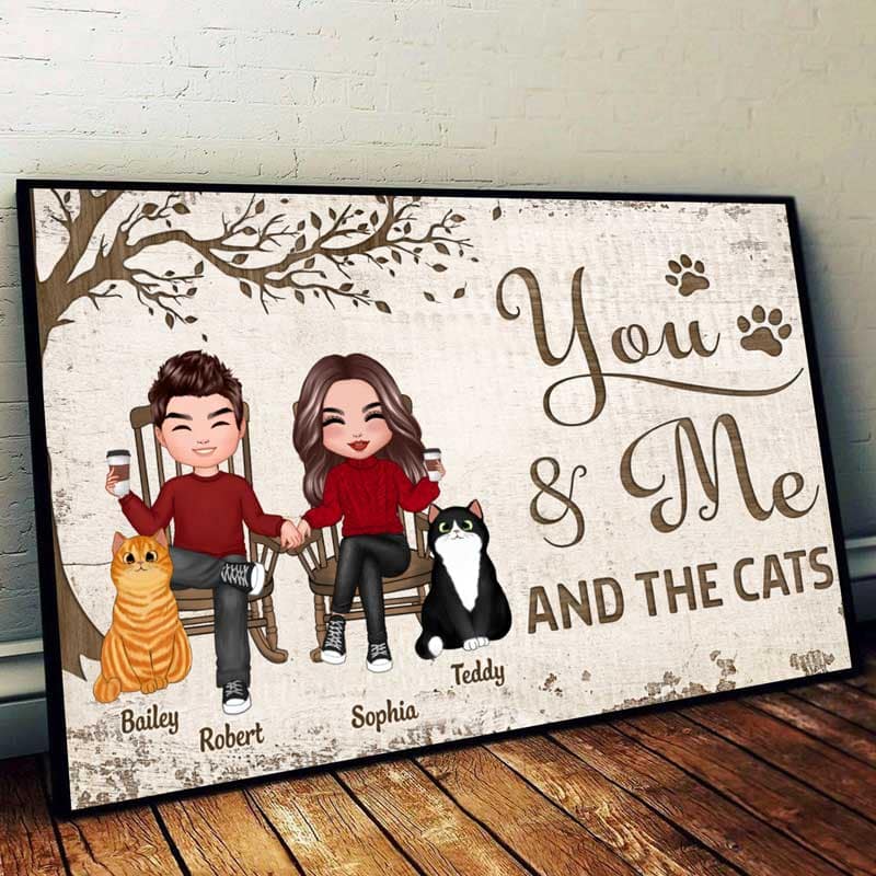 Couple And Cats Sitting Under Tree Personalized Poster