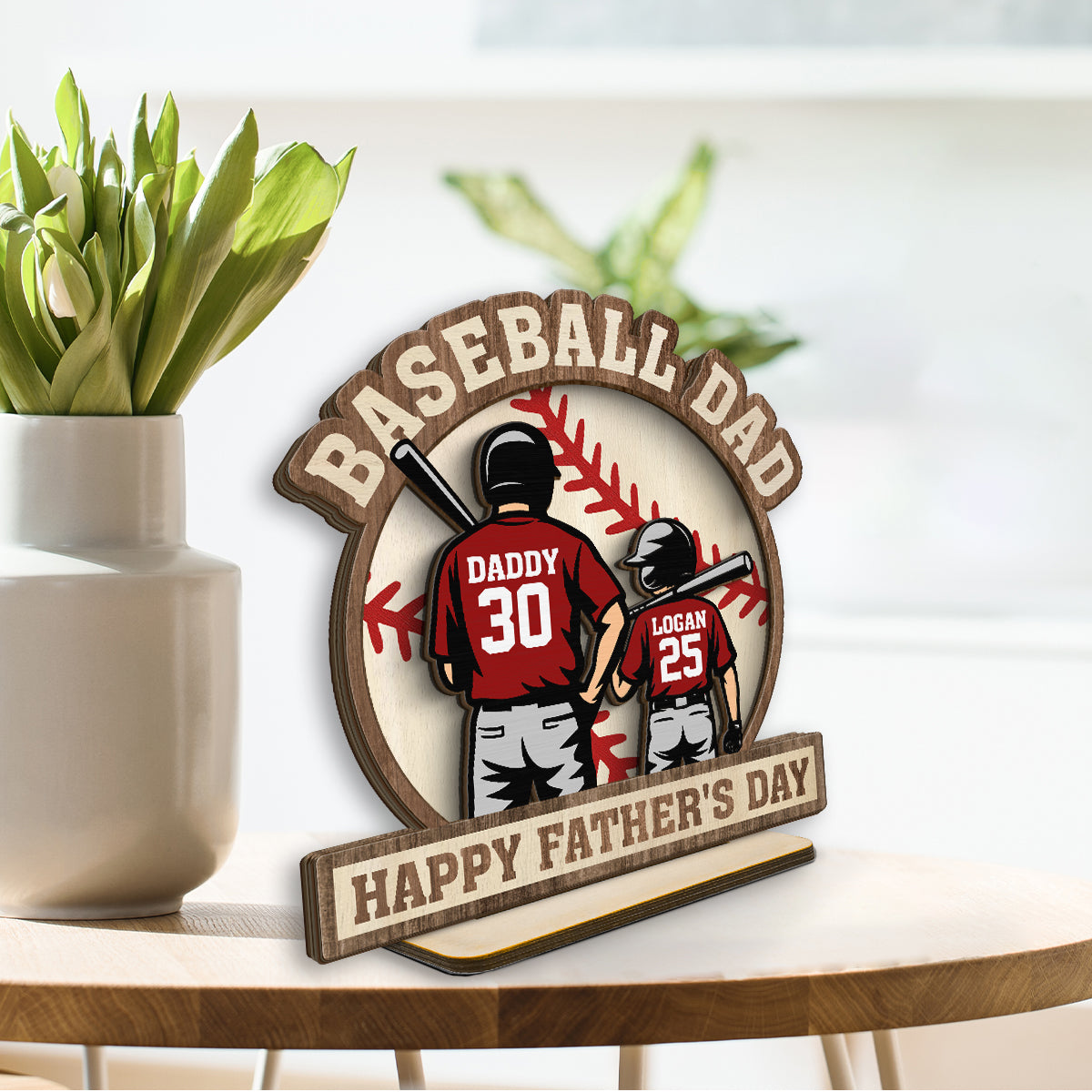 Baseball Family Back View Personalized 2-Layered Standing Wooden Plaque, Father's Day gift for Dad, for Husband