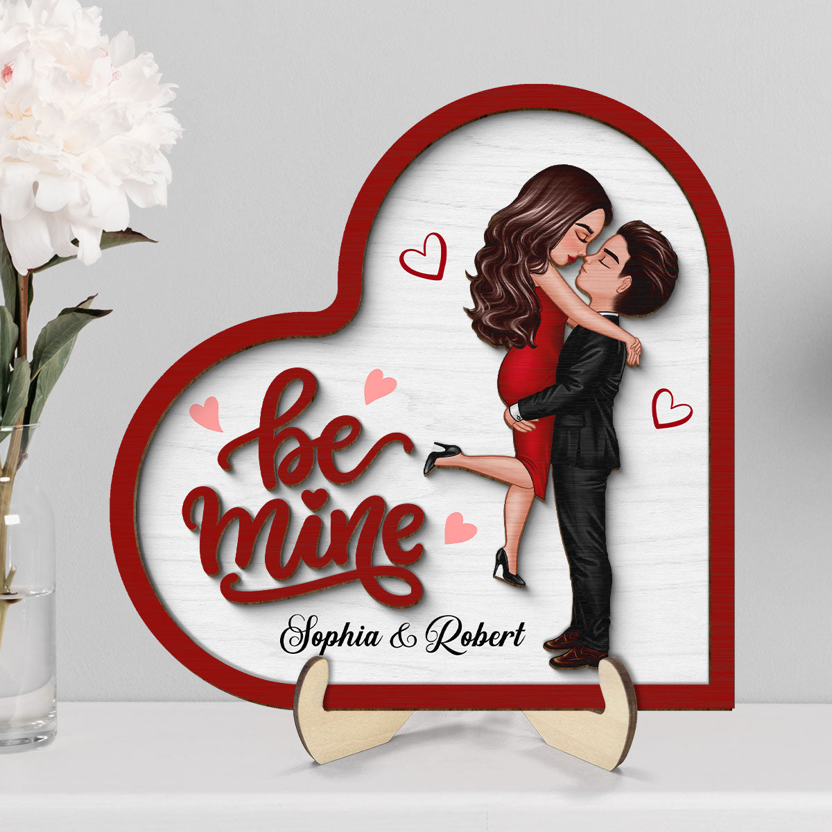 Be Mine Couple Hugging Kissing Valentine‘s Day Gift For Her Personalized 2-Layer Wooden Plaque