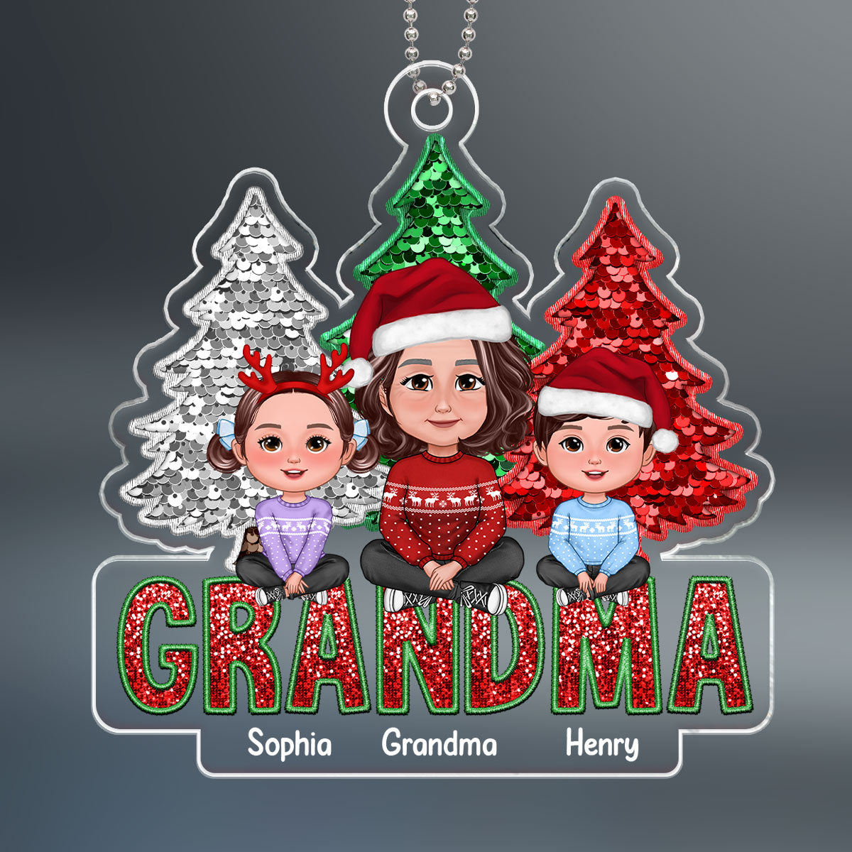 Faux Sequin Red Green Christmas Grandma & Grandkids Sitting On Word Personalized Acrylic Ornament