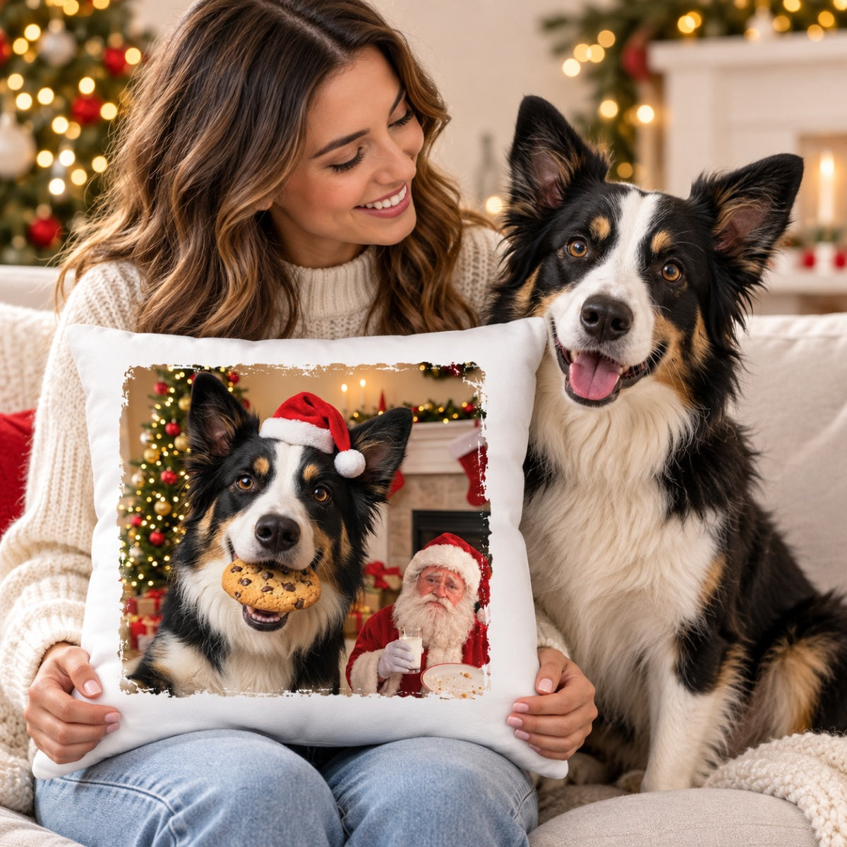 Dog Cat Steal Cookie From Santa Upload Pet Photo - Personalized Pillow- Funny Christmas Gift For Dog Lovers, Cat Lovers, Pet Lovers