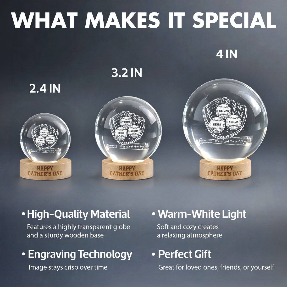 Happy  Baseball Dad - Personalized Crystal Ball LED Night Light -  Gift for Dad, Husband