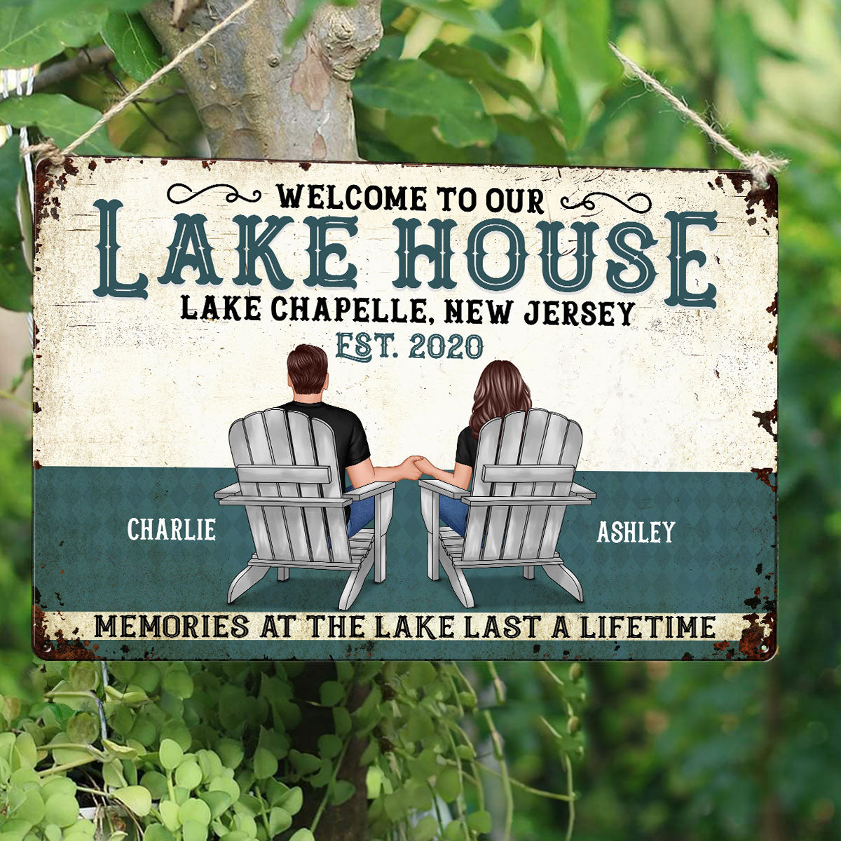 Welcome To Our Lake House Back View Couple Personalized Metal Sign