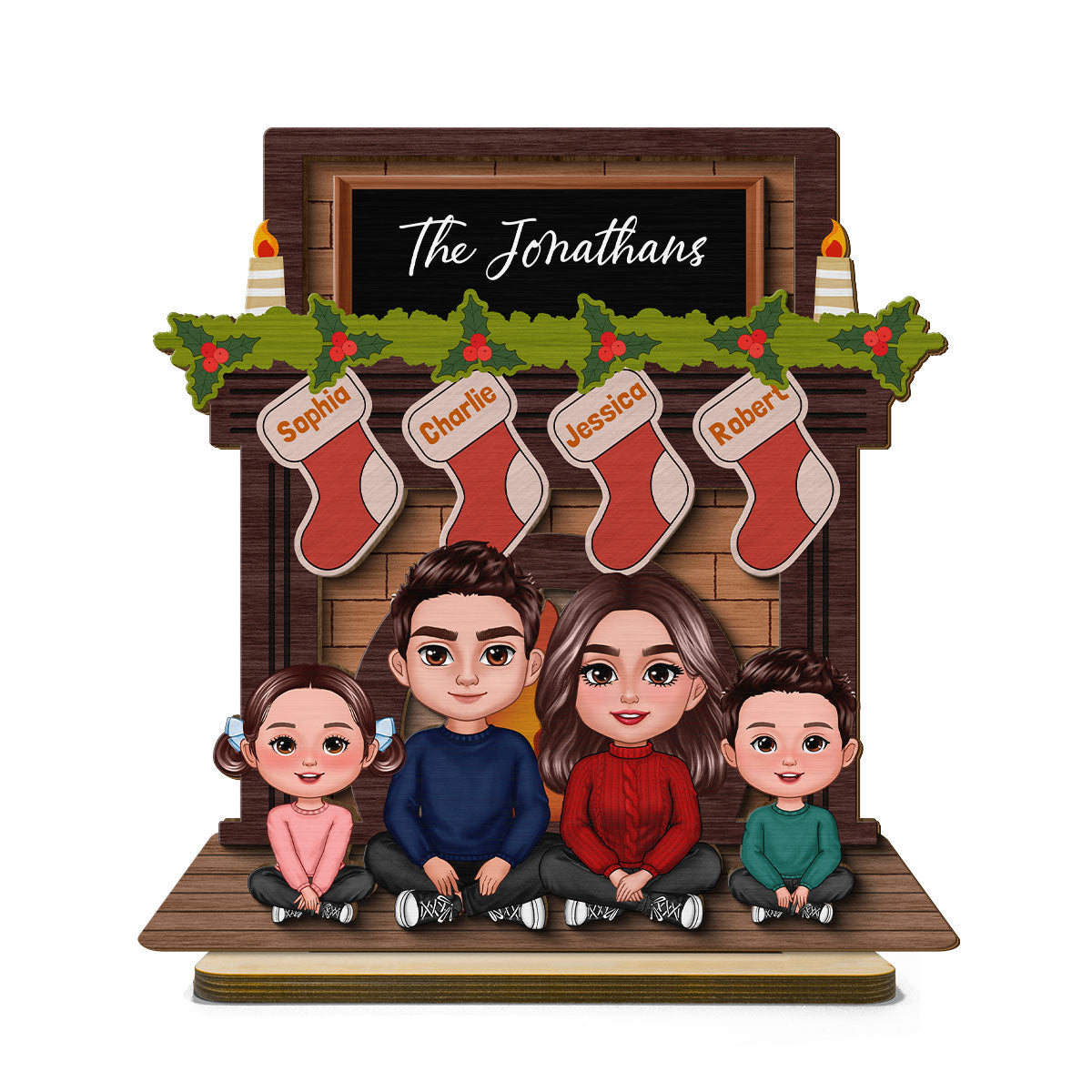Whole Family Sitting At Christmas Fireplace Personalized 2-Layer Standing Wooden Plaque