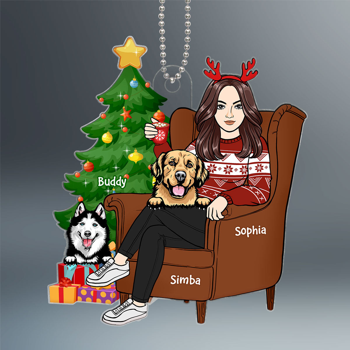 Woman Sitting On Chair With Dogs Christmas Gift For Dog Lover Personalized Acrylic Ornament