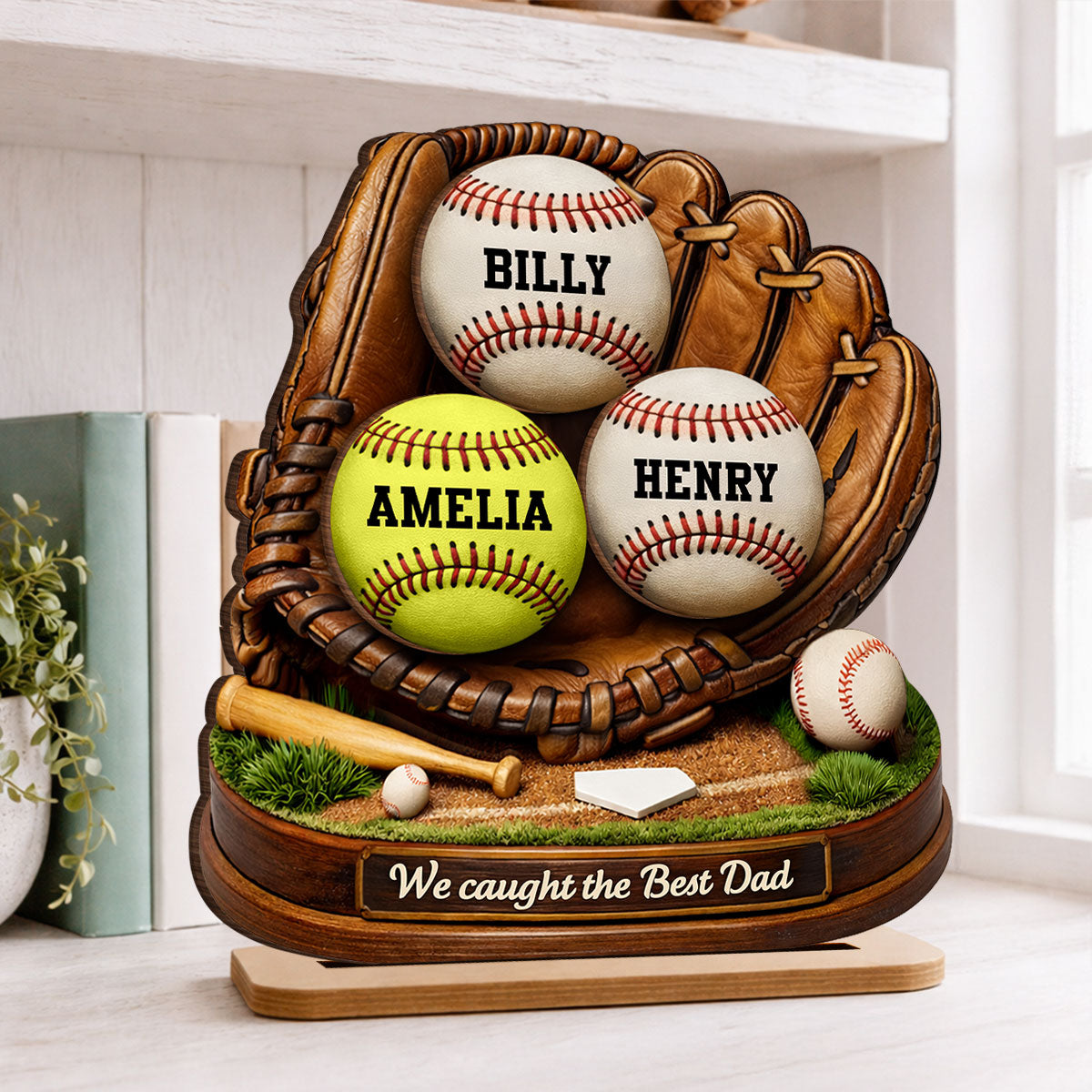 We Caught the Best Dad Baseball Softball - Personalized 2-Layered Wooden Plaque - Heartfelt Gift for Dad