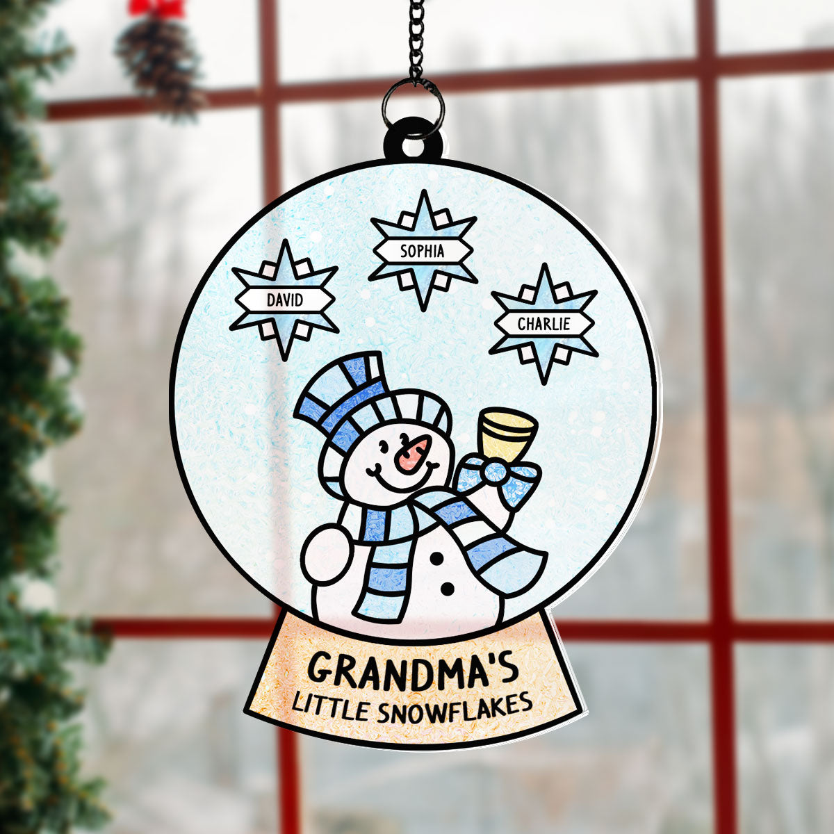 Grandma Grandchild Snowman Family Personalized Suncatcher, Christmas Stained Glass Decor