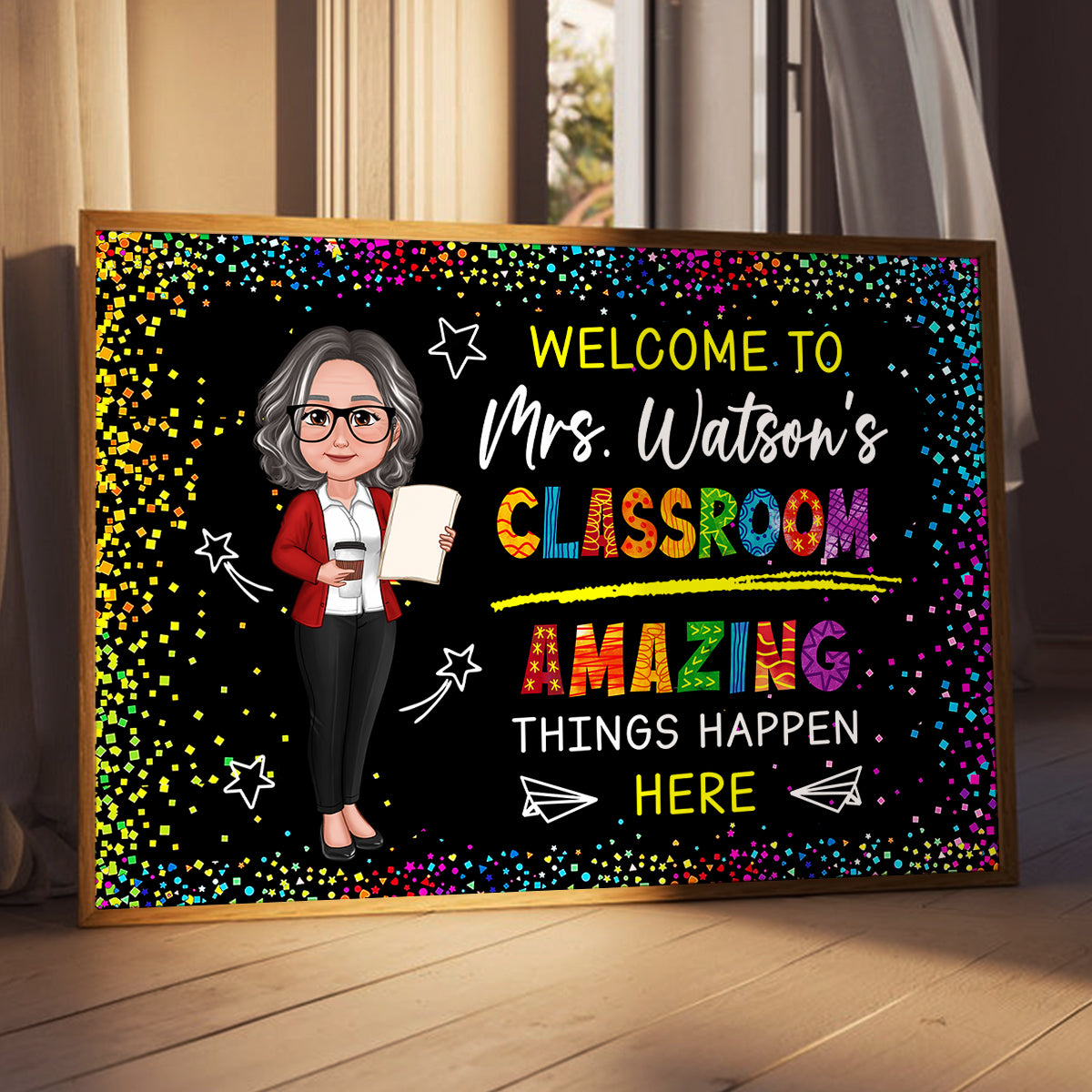 Classroom Amazing Things Happen Here Personalized Motivational Poster, Teacher Classroom Decor