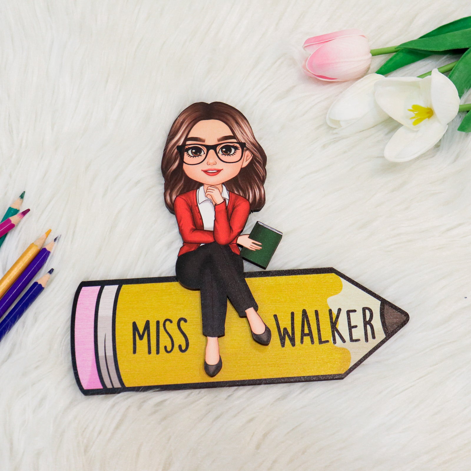 Doll Teacher Sitting On Pencil - Personalized 2-Layered Wooden Plaque - Gift For Teacher