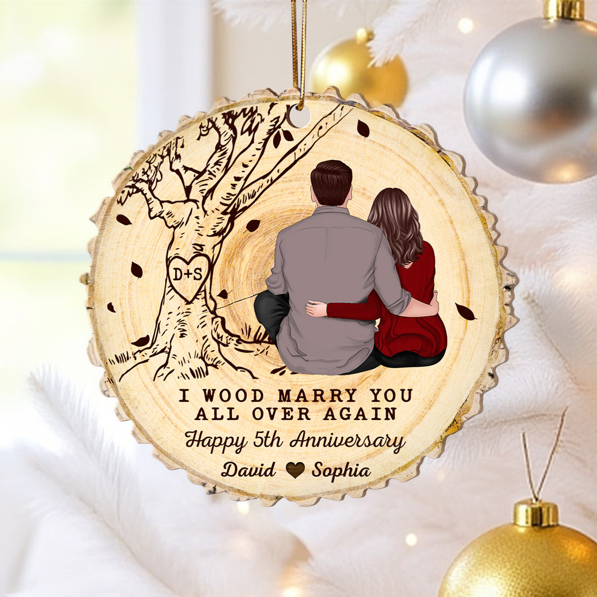 I Wood Marry You All Over Again Couple Sitting Back View Personalized Wooden Ornament, Anniversary Gift For Him, Gift For Her