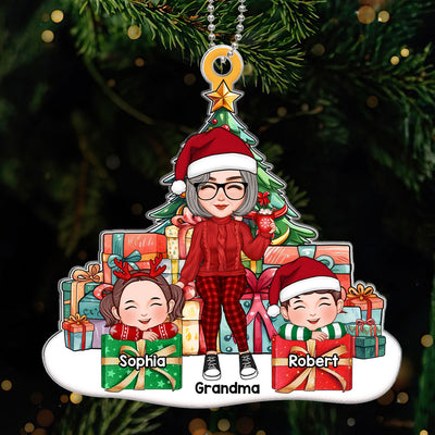 Cute Grandma Grandkids Sitting On Christmas Gift Personalized Acrylic Ornament