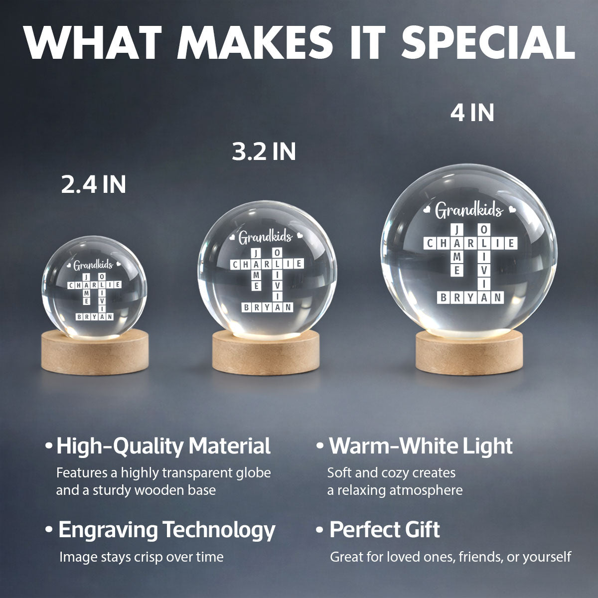 Grandkids Crossword Puzzle Art - Personalized Crystal Ball LED Night Light - Heartfelt Gift For Grandma, Gift For Mom