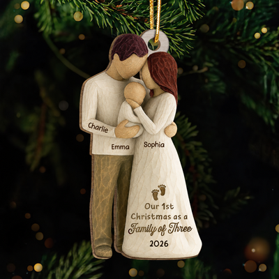 2D Flat Printed First Christmas As Family Of Three Mom Dad & Baby - Personalized Wooden Ornament