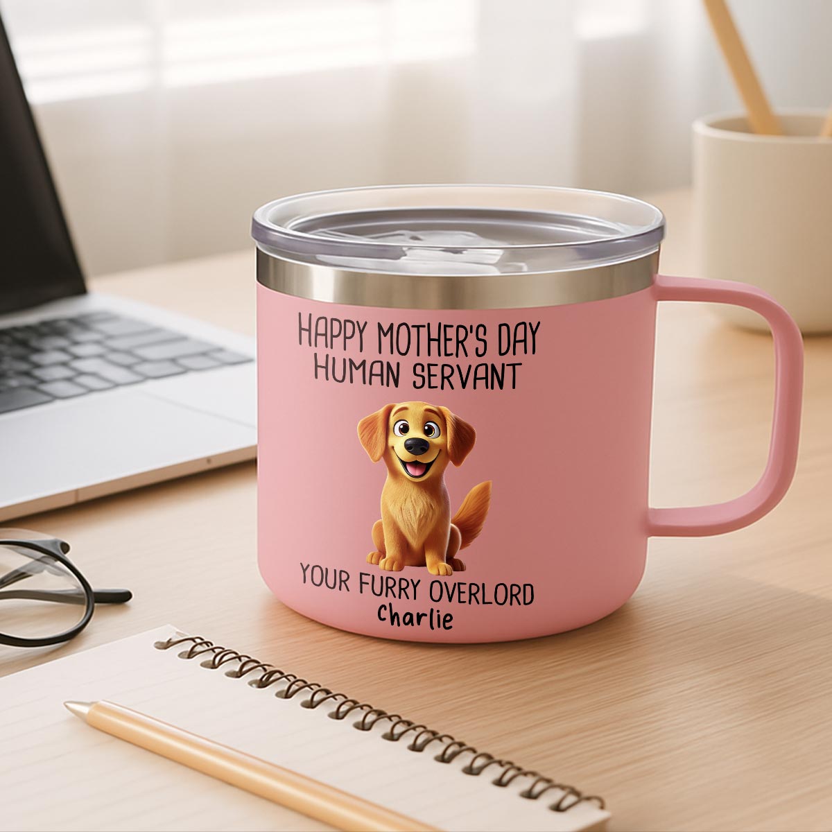 Happy Mother's Day Human Servant 3D Effect Cartoon Dogs Personalized Stainless Steel Tumbler With Handle