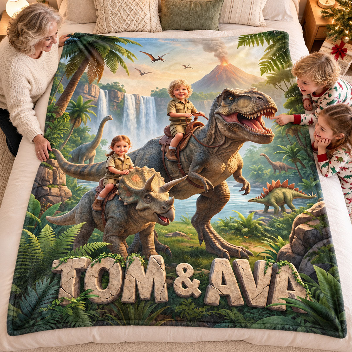 Kid Riding Dinosaur Custom Portrait from Photo - Personalized Fleece Blanket - Christmas Gift for Son, Daughter, Grandkids