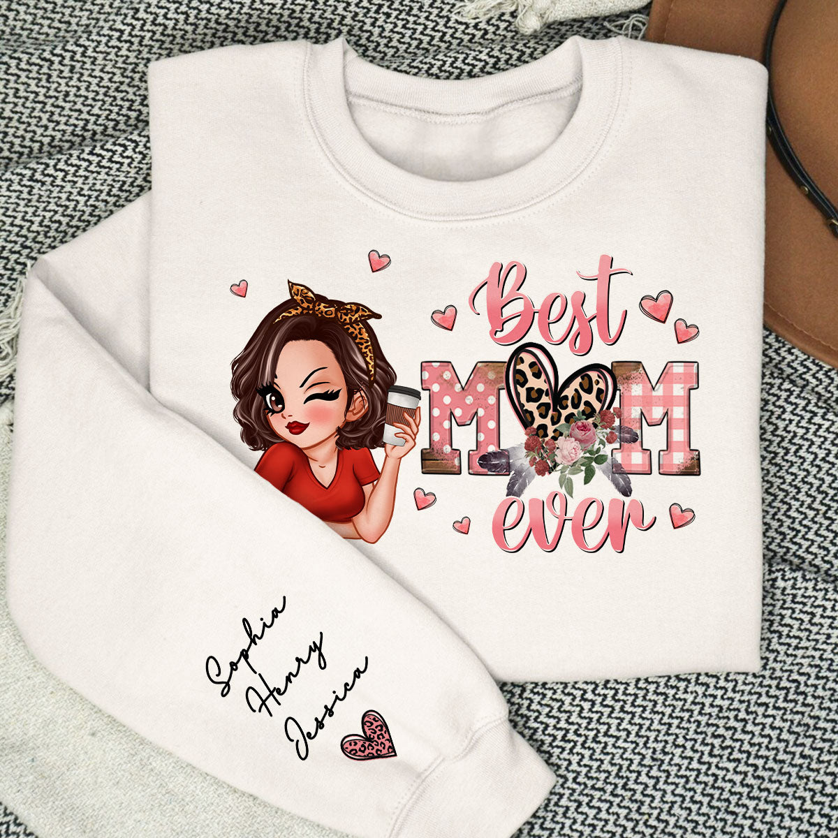 Best Mom Ever Pink Leopard Pretty Woman Personalized Sleeve Printed Sweatshirt