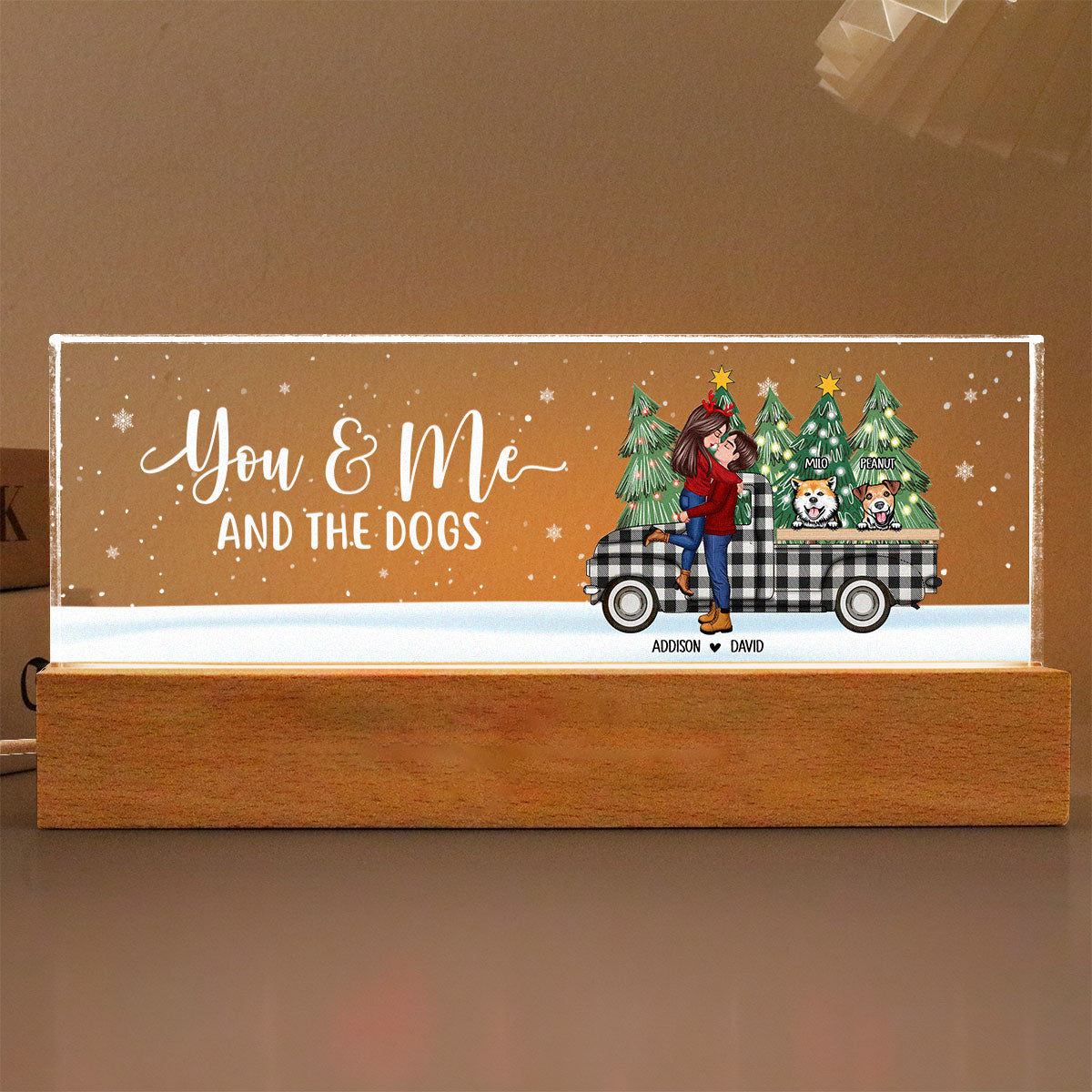 You Me And The Dogs Christmas Truck Personalized Acrylic Block LED Night Light, Christmas Gift for Couples