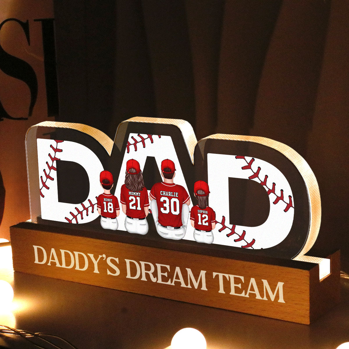 DAD Baseball Family Sitting Back View Personalized Acrylic LED Night Light, Father's Day Gift For Dad, Gift For Husband