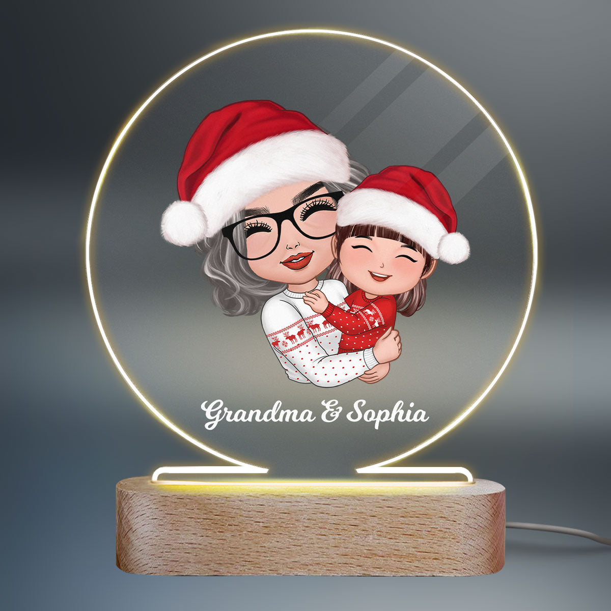 Doll Grandma Mom Hugging Kid Christmas Gift For Granddaughter Grandson Personalized Circle LED Night Light Acrylic LED Lamp