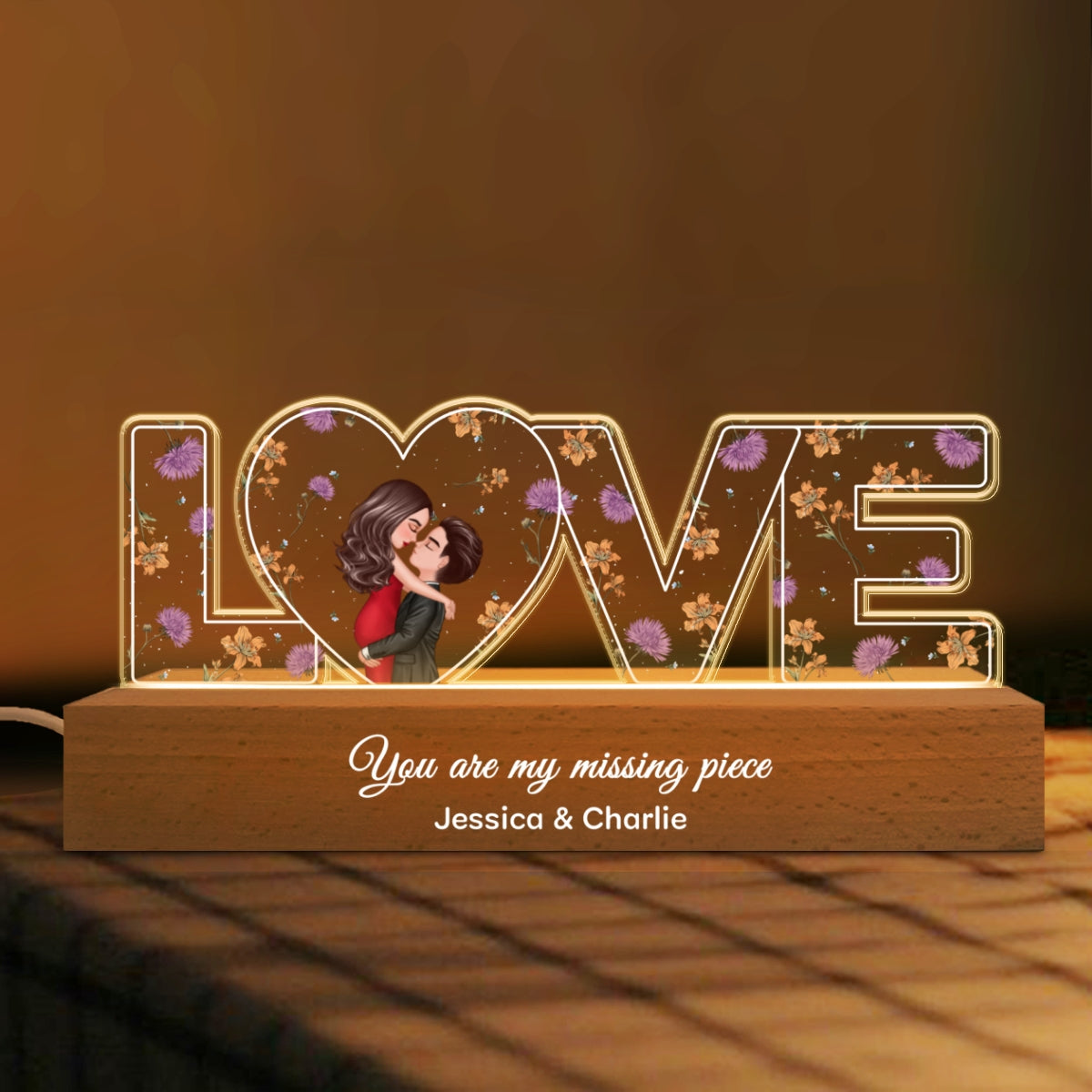 Couple Romantic Love Custom Flower Printed LED Night Light, Birth Month Flower, Thoughtful  Gift for her, Gift for him