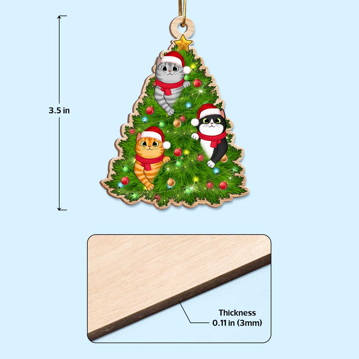Fluffy Cats Playing On Christmas Tree Personalized Wooden Ornament