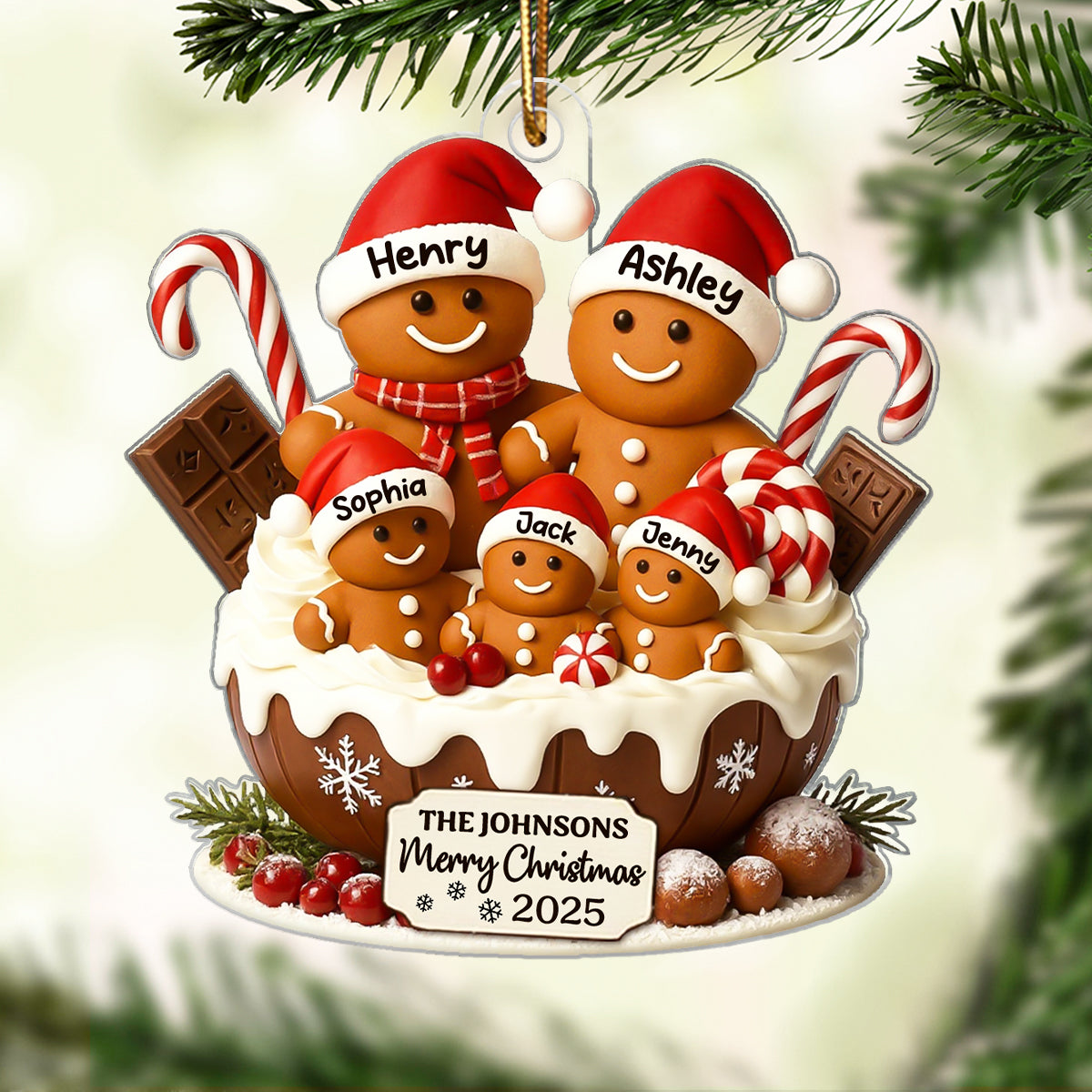 Gingerbread Family Holiday Delight Personalized Acrylic Ornament, Christmas Tree Decor, 2025 Family Ornament