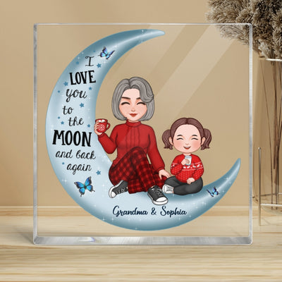 Cute Grandma & Grandkid On Moon Christmas Gift Personalized Acrylic Block Plaque [Grandma's nickname can be changed]
